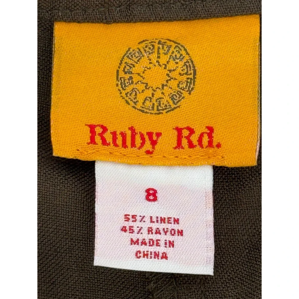 Ruby Rd Womens Sz 8 Linen Blend Pants Olive Brown Beaded Floral Hem Straight Leg